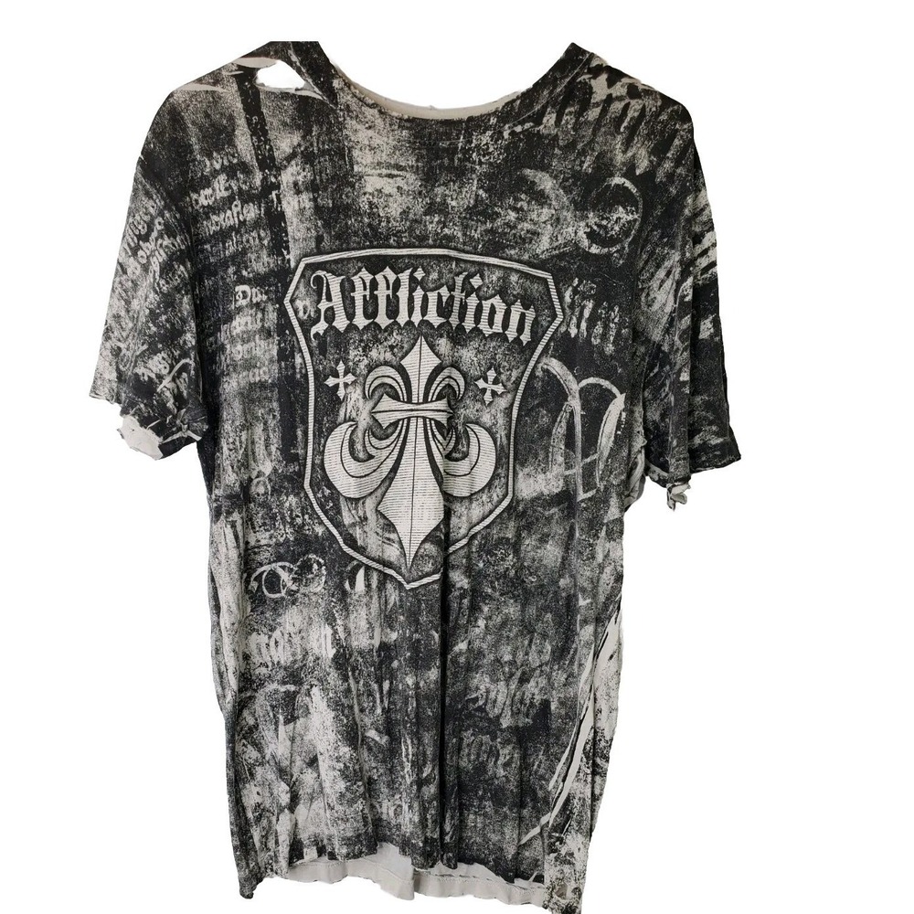 Affliction Live Fast Mens Large Graphic T-Shirt Black White Distressed Cross L